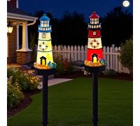 YZYOE 2 paquetes de lámparas de piso faro rojo y azul alimentados por energía solar, lámparas de faro lindas de resina decorativa de jardín, Luz led inalámbrica del atardecer al amanecer impermeable.