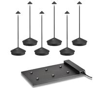 Zafferano Pina Pro Marrón Óxido, Set de 6 Lámparas de Mesa LED Recargables, Inalámbricas, Control Táctil, Regulable 2200-3000 K, 29 cm, con Estación de Carga (Negro mate)