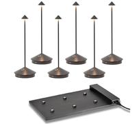 Zafferano Pina Pro Marrón Óxido, Set de 6 Lámparas de Mesa LED Recargables, Inalámbricas, Control Táctil, Regulable 2200-3000 K, 29 cm, con Estación de Carga (Titanio)