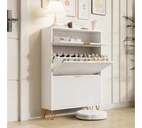 Zapatero blanco con 2 solapas, zapatero estrecho de madera, cerrado, muebles de entrada, almacenamiento zapatero con cajón para entrada, pasillo y salón (E)