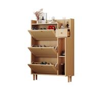 Zapatero de estilo natural con tres compartimentos abatibles, un cajón y una puerta, decorado con ratán transpirable y patas de madera maciza. diseño escandinavo funcional ideal para recibidor, dormit