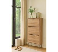 Zapatero de Madera Aserrada con 3 Trampillas y Patas Metálicas - Capacidad 20-24 Pares - Armario para Calzado Estrecho y Moderno - 63x23,5x110 cm