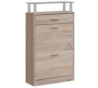 Zapatero de madera roble con cajón y estante de cristal, 2 compartimentos, | Madera multicapa, vidrio templado, inclinación, montaje fácil, uso en la entrada o habitación