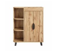Zapatero estrecho de doble puerta - estantes abiertos, armario multiusos para recibidor, acabado efecto madera, con estante superior - natural