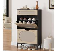 Zapatero estrecho de ratán con 2 cajones abatibles y 1 cajón extraíble - Estante ajustable en 3 posiciones - Diseño moderno con patas metálicas - Ideal para entrada, pasillo y espacios pequeños