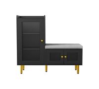 Zapatero Negro con Banco para Recibidor , Mueble Entrada con Asiento Acolchado, Armario para Zapatos con Puertas Estriadas, Patas Doradas, Estantes Ajustables para Pasillo Dormitorio Salón