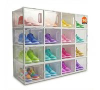Zapatero Plastico Pack 16 - PINCHO - Cajas para Zapatos, Cajas Zapatos Transparentes, Caja Organizadora Apilable, Organizador Armario con Cajón Frontal - Cajones Almacenaje con Ventilación, Modular