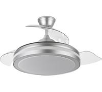 Zarivy Ventilador DC Esparta de 72W, elegante plateado, 6120 lúmenes y ángulo de 110°. Tres aspas, temperatura de color ajustable (3000K, 4000K, 6000K), control remoto y memoria integrada.