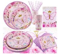 ZE 101 Piezas Vajilla para Fiesta de Mariposa, Juego de Platos de Papel de Mariposa, Platos de Papel, Vasos, Servilletas, para Cumpleaños