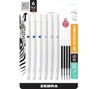Zebra Pen, bLen 49506 - Bolígrafos retráctiles de gel, punta media de 0.7 mm, 3 bolígrafos de tinta negra y 3 azules, barriles blancos, más 4 recambios adicionales, baja vibración para una escritura