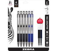 Zebra Pen F-301 - Bolígrafo retráctil, barril de acero inoxidable, punta fina, 0.7 mm, 4 negros, 2 azules y 3 recambios adicionales (paquete de 1, 6 unidades en total)