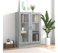 Zeehear Armario de vitrina gris Sonoma de madera con 3 compartimentos, 82,5 x 30,5 x 115 cm, espacio de almacenamiento y puertas de cristal para salón, oficina, estudio, ahorro de espacio y versátil