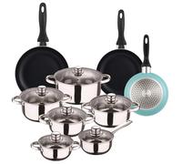Zen Cook Set de Batería de cocina de 12pc en acero inoxidable + 3 Sartenes Ø16Ø20Ø24cm Azul mate en aluminio prensado