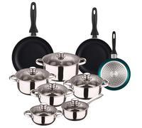 Zen Cook Set de Batería de cocina de 12pc en acero inoxidable + 3 Sartenes Ø16Ø20Ø24cm Azul metalizado en aluminio prensado