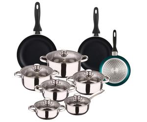 Zen Cook Set de Batería de cocina de 12pc en acero inoxidable + 3 Sartenes Ø16Ø20Ø24cm Azul metalizado en aluminio prensado