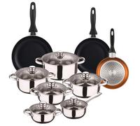 Zen Cook Set de Batería de cocina de 12pc en acero inoxidable + 3 Sartenes Ø16Ø20Ø24cm Cobre metalizado en aluminio prensado