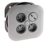 Zenitech - Enrollador doméstico 3 tomas 2P+T 16A + disyuntor + 2x USB - Gris - 7 metros
