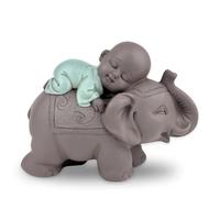 Zen'Light - Estatua de Buda durmiendo sobre Elefante, atmósfera Zen en su Espacio Sagrado, Hermosa Figura de la Suerte, Altura de 9,5 cm, marrón y Verde