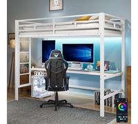 Zepneiy Cama alta 90 x 200 cm con tira de luz de control de cable y enchufe USB, cama alta con barandilla y escalera de mano, cama juvenil individual blanca (sin colchón)