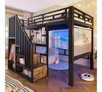 Zepneiy - Cama entrepiso con iluminación LED, 140 x 200 cm, cama con marco de metal con proyector para colgar,cama doble con escalera de almacenamiento y rejilla, color negro (colchón no incluido)