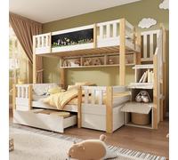 Zepneiy Litera con 2 cajones y armario de escalera, cama infantil con pizarra y escalera de almacenamiento, para 3 niños, 90 x 200 y 140 x 200, madera maciza natural y blanca (sin colchón)