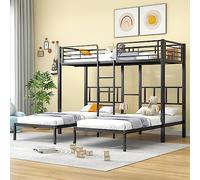 Zepneiy Litera infantil 90 x 200 cm con barrera de seguridad y mesa, litera de 3 plazas con escalera para niños y adolescentes, marco multifuncional de hierro negro (sin colchón)