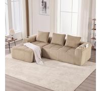 Zepneiy Sofá Grande de 3 Plazas en Forma de L, Diseño Moderno, Sofá con Bolsillo Lateral y Portavasos para Salón y Despacho, Mueble Tapizado Tipo Sillón con Chaise Longue, Tejido Corduroy Color Cáqui