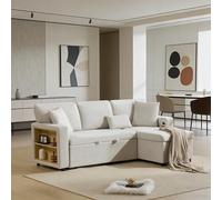 Zepneiy Sofá grande de 3 plazas, forma de L, con USB, estante integrado, cajón, muebles de salón, sofá cama extensible, color blanco
