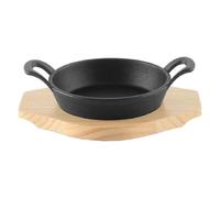 Zerodeko Sartén de hierro fundido para chisporrotear, ramequín pequeño de 16 cm, cacerola redonda de hierro fundido, plato para fajitas con base de madera para barbacoa, cocina, fiestas,