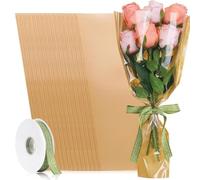 Zerodis 50 Unidades de Papel para Envolver Ramos, Apertura Trapezoidal, Bolsas para Envolver Flores a Prueba de Agua con Cinta Verde para Floristerías, Eventos de Graduación (Universal)