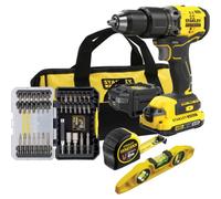 Stanley - Taladro de impacto 18 V con accesorios, 1x batería, 2,0 Ah Li-Ion, cargador SFMCK101D1S-QW