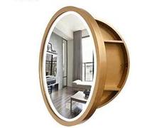 ZFGOJNBH Espejo de baño Redondo con Espejo de Maquillaje Inteligente, Espejo de Pared de Madera Maciza con Acabado Dorado Claro, 70 cm (27,6 Pulgadas)