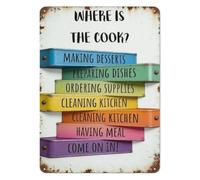 ZGPOSQKZSC Rustic Metal Tin Sign Where Is The Cook Kitchen Status Chef Humor Wall-Art Retro Cooking Baking Quote Plaque for Dining Room 8 X 12 inch