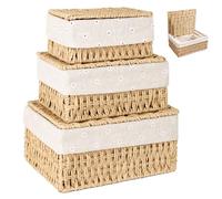 ZHYOPING Juego de 3 cestas de almacenamiento con tapa - Cesta trenzada de cuerda de papel, 3 tamaños con forro, cestas de almacenamiento de estilo bohemio para baño, juguetes, sala de estar y