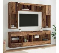 Ziaphsol Juego de estantes de pared para TV con iluminación LED de madera para sala de estar moderna, 6 piezas con espacio de almacenamiento, gestión de cables, cajones elegantes, montaje en pared