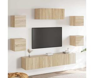 Ziaphsol Juego de muebles de TV de 7 piezas, roble Sonoma, montaje en pared, mueble de TV con espacio de almacenamiento para medios, aparador, cajón, gestión de cables, cine en casa