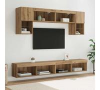 Ziaphsol Mueble de pared para TV con iluminación LED de madera, 6 unidades, roble artesano, moderno, juego de pared con espacio de almacenamiento y gestión de cables para salón