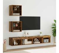 Ziaphsol Unidades de pared para TV con iluminación LED, 5 unidades de madera recuperada, muebles de salón modernos, ahorro de espacio, con estantes de cristal, gestión de cables, duradero, elegante