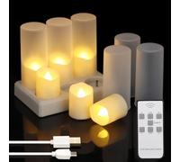 ZIYOUDOLI Juego de velas LED recargables y votivas eléctricas, blanco cálido, regulable, mando a distancia, temporizador y soporte de carga para Halloween, Navidad
