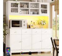 ZKLOEP Armario buffet alto 140 x 38,5 x 180 cm, puertas de cristal, 4 cajones, estantes ajustables, aspecto de madera natural, soporta hasta 100 kg, color blanco