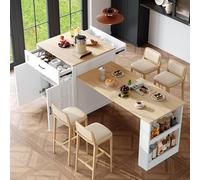 ZKLOEP Mesa de bar extensible 133-202 × 70 × 93,5 cm, con espacio de almacenamiento, dos cajones y cuatro compartimentos, ampliable, mesa de isla de cocina para 2-6 personas, carrito de cocina con
