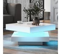 ZKLOEP Mesa de centro cuadrada brillante blanca con placa giratoria - Estilo tecno moderno con luz LED,70x70x36cm,Mesa giratoria de 360 grados