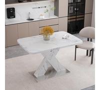 ZKLOEP Mesa de comedor rectangular moderna, extensible 120 cm-160 cm, con mesa de mármol blanco impresa + patas de MDF en forma de X con base de metal