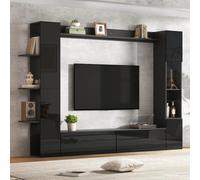 ZKLOEP TV Wohnwand-Set 180x35x170cm con Vitrina, Mediawand incluida TV-Board-Set y estante, muebles de salón con 2 armarios, 2 cajones, 11 estantes, Anbauwand Wohnwand,blanco (negro)