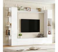 ZKLOEP TV Wohnwand-Set 180x35x170cm con Vitrina, Mediawand incluida TV-Board-Set y estante, muebles de salón con 2 armarios, 2 cajones, 11 estantes, Anbauwand Wohnwand,blanco (2)