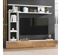 ZKLOEP TV Wohnwand-Set 180x35x22.5cm mit Vitrinen,Media wand inkl.TV-Board Standregal und Wandregal,TV Wohnzimmer Möbel-Set,TV-Schrank, stehend&hängend,TV bis 80', blanco + Holzfarbe