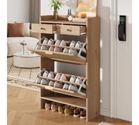 ZKLOEP Zapatero moderno con puertas dobles de ratán, 2 cajones y espacio de almacenamiento de varios niveles, zapatero estrecho para pasillo y entrada, aspecto de madera, 65 × 25 × 106 cm, natural