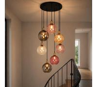 ZMH Lámpara colgante 7 luces cristal de colores 190cm regulable en altura para escalera villa salón comedor dormitorio techos altos