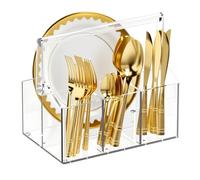 ZoeQide Cesta para cubiertos de acrílico con 4 compartimentos, soporte para cubiertos de plástico transparente para cocina, buffet, fiesta, organizador de cubiertos con asa para platos, cubiertos