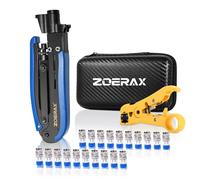 ZOERAX Kit de herramientas de crimpado de cable coaxial con pelacables y 20 conectores F - Herramienta de compresión coaxial para cables coaxiales RG6, RG59, RG11 para TV, Internet, instalaciones de
